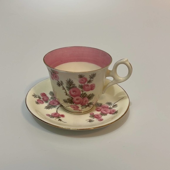 Royal Crown Demitasse Bone China Cup and Saucer Pink and Gray‎ Floral - Picture 1 of 5